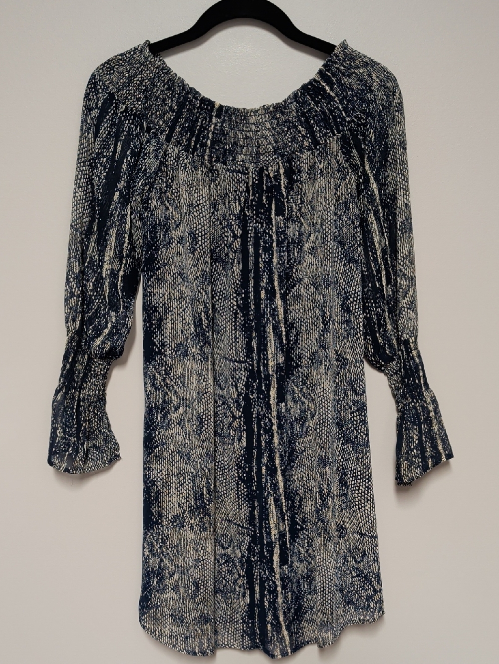 Abbeline Navy and Ivory Long-Sleeve Printed Peasant Dress